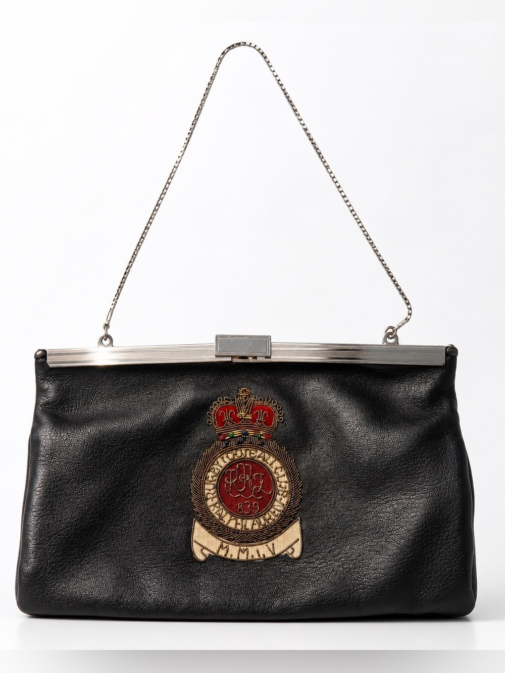 Rugby Ralph Lauren Bullion Crest Black Leather Kiss Lock Clutch Chain Bag RARE